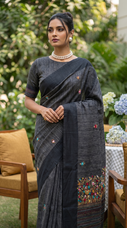 Charcoal Grey Linen Saree