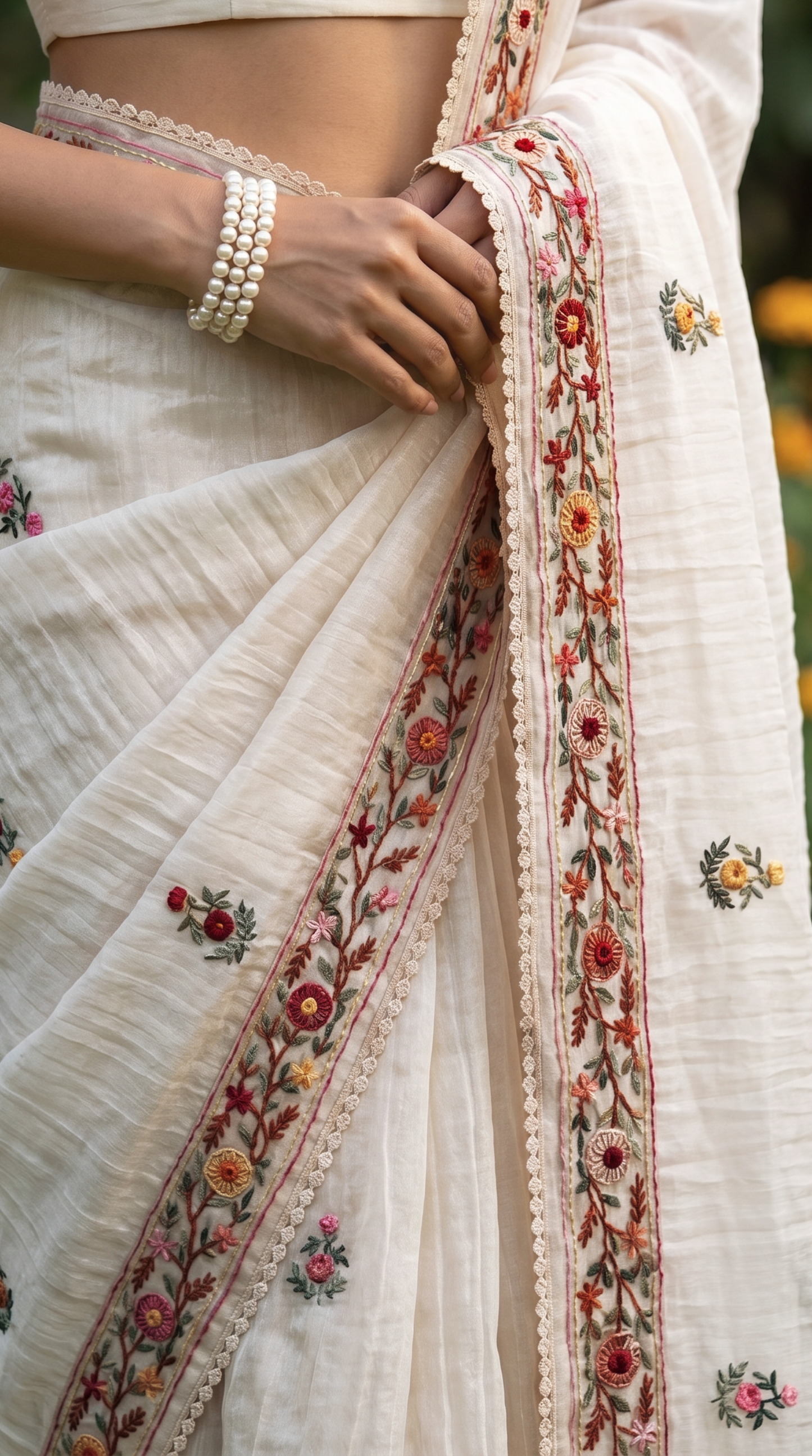 Hand embroidery Ivory Saree