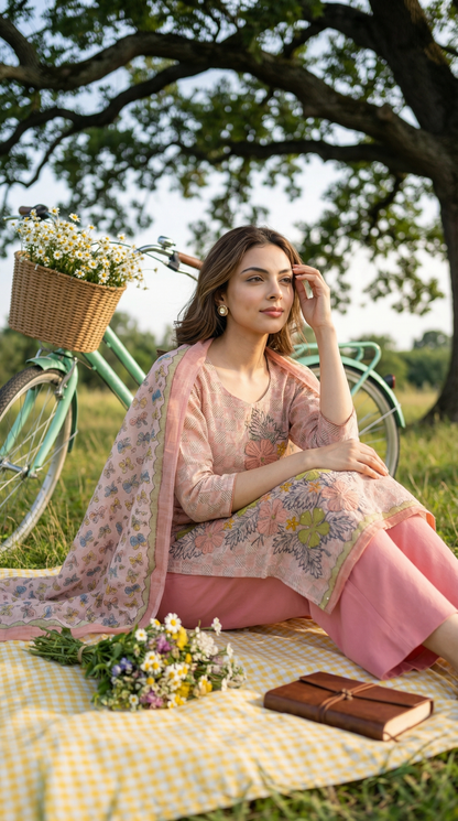 Resham Embroidery Peach Pink Jute Cotton Stitched Suit Set