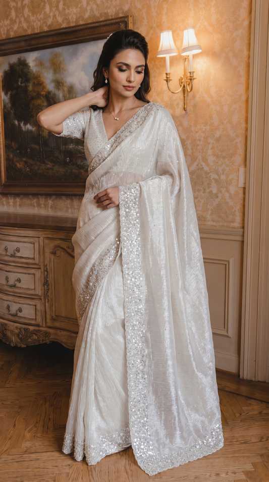 Pristine Ivory Tissue Saree