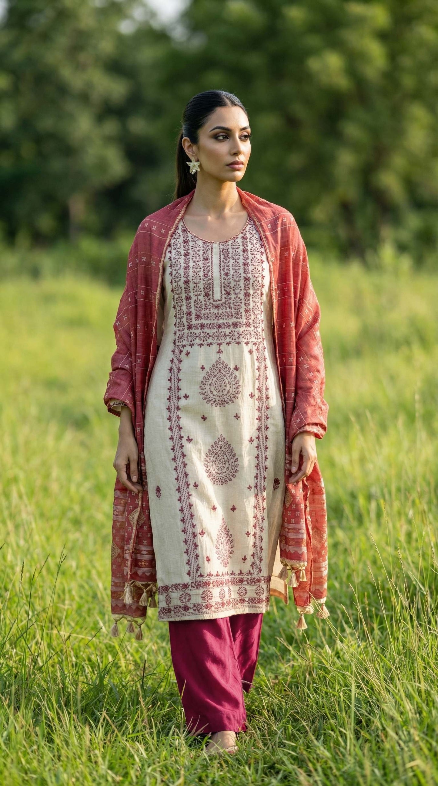 Resham Embroidery Red Coloured Chanderi Stitched Suit Set