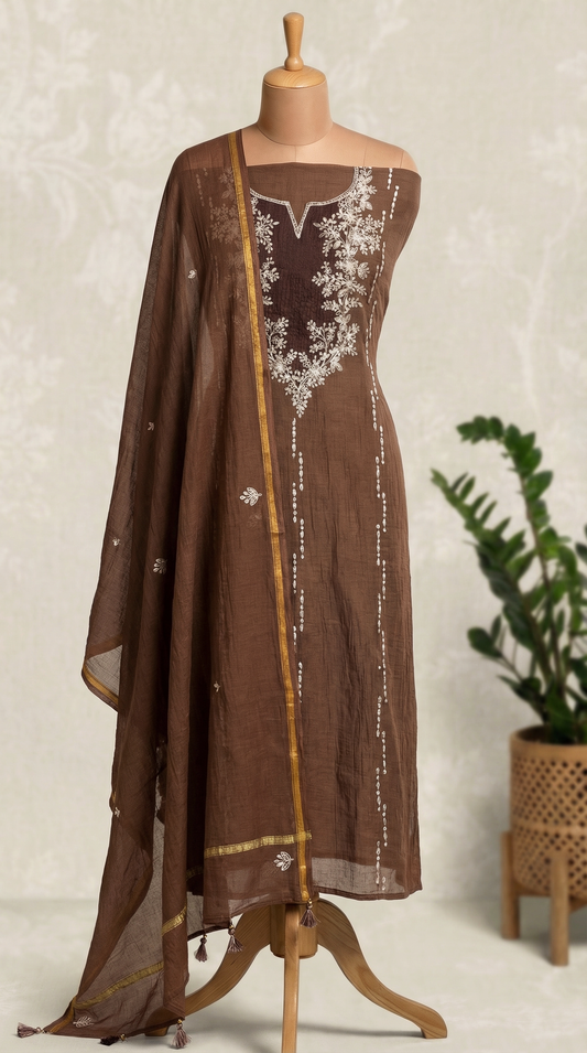 Mocha Brown Pitta Embroidery Mul Mul Unstitched Suit Set