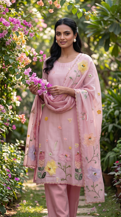 Powder Pink 3D Applique Mul mul Stitched Suit Set