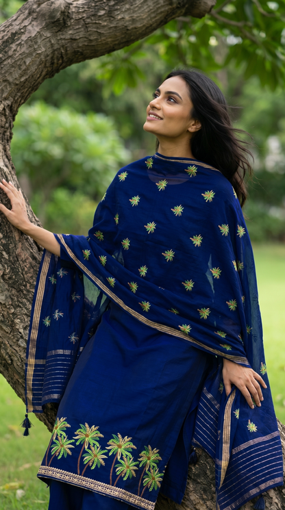 Elegant Navy Blue Mulmul Suit set.