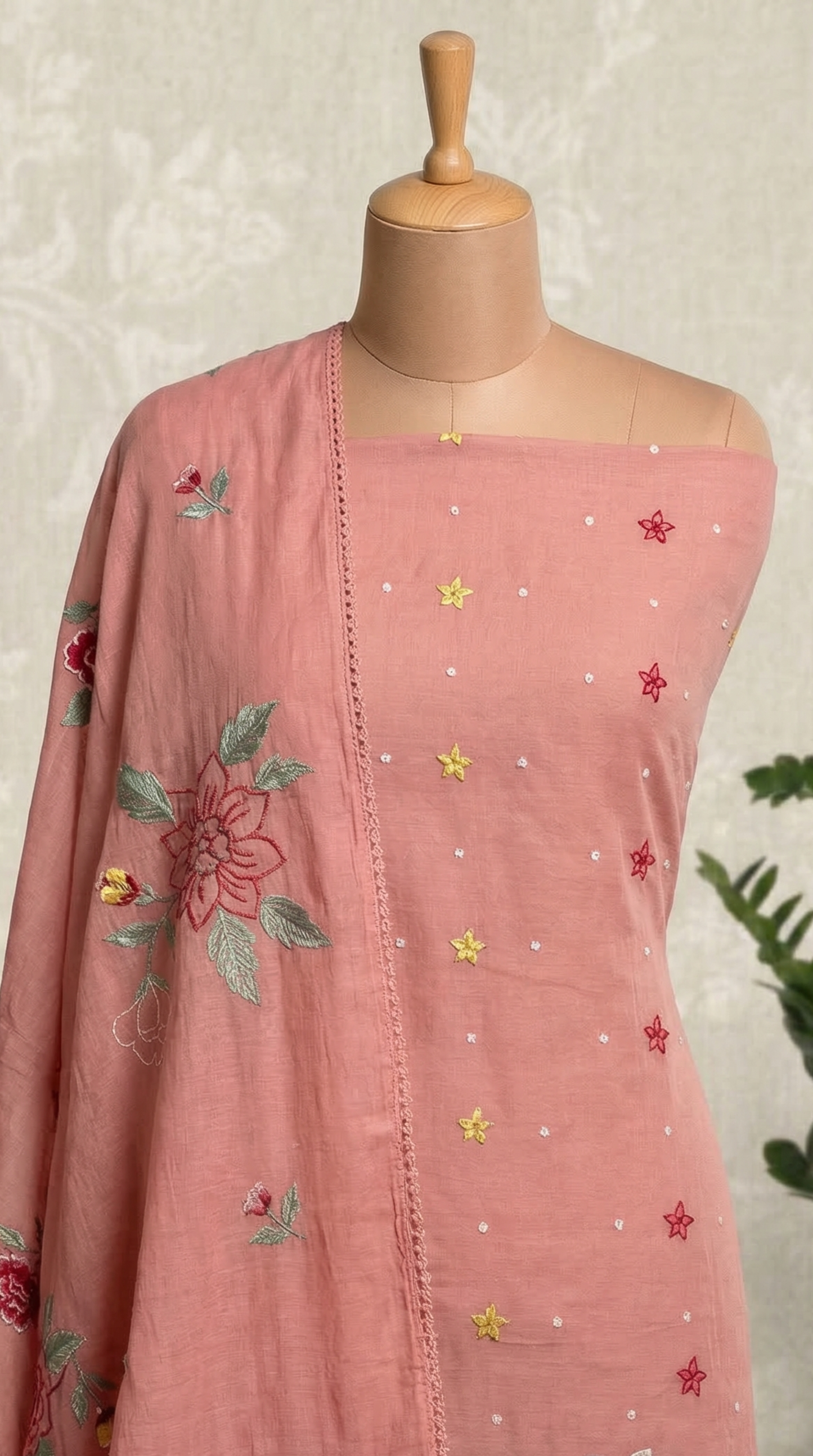 Peach Pink Resham Embroidery Mul Mul Unstitched Suit Set