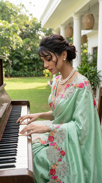 Raw Silk  light Seafoam Green Saree
