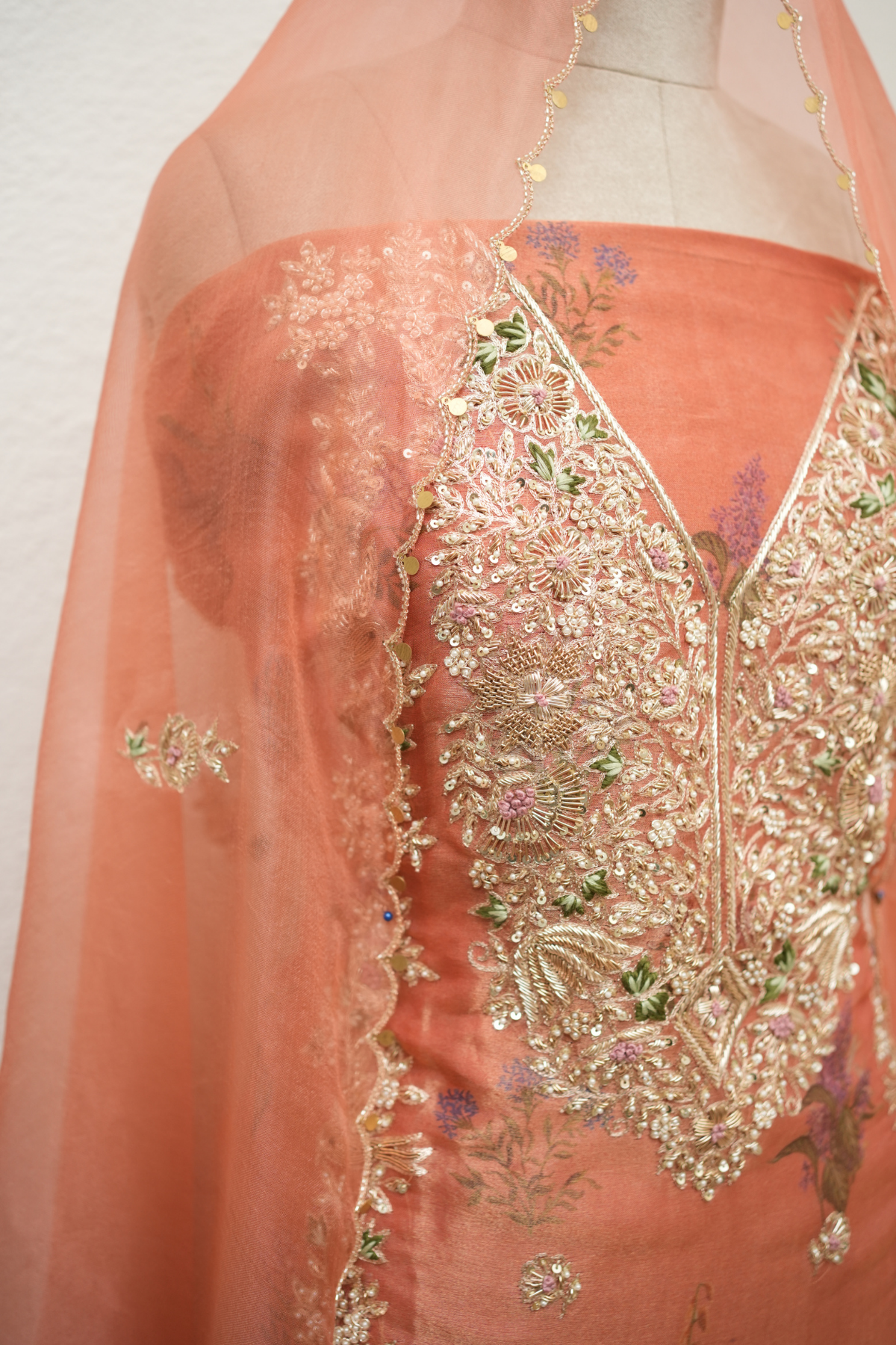 PRINTED TISSUE KURTA WITH ZARDOZI WORK