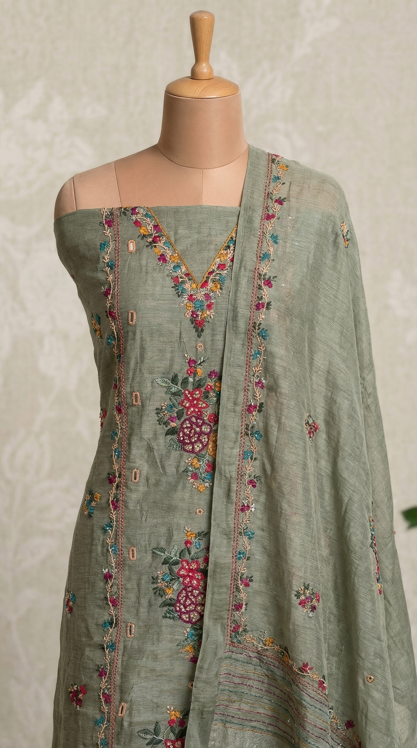 Sage Green Resham Embroidery Linen Unstitched Suit Set