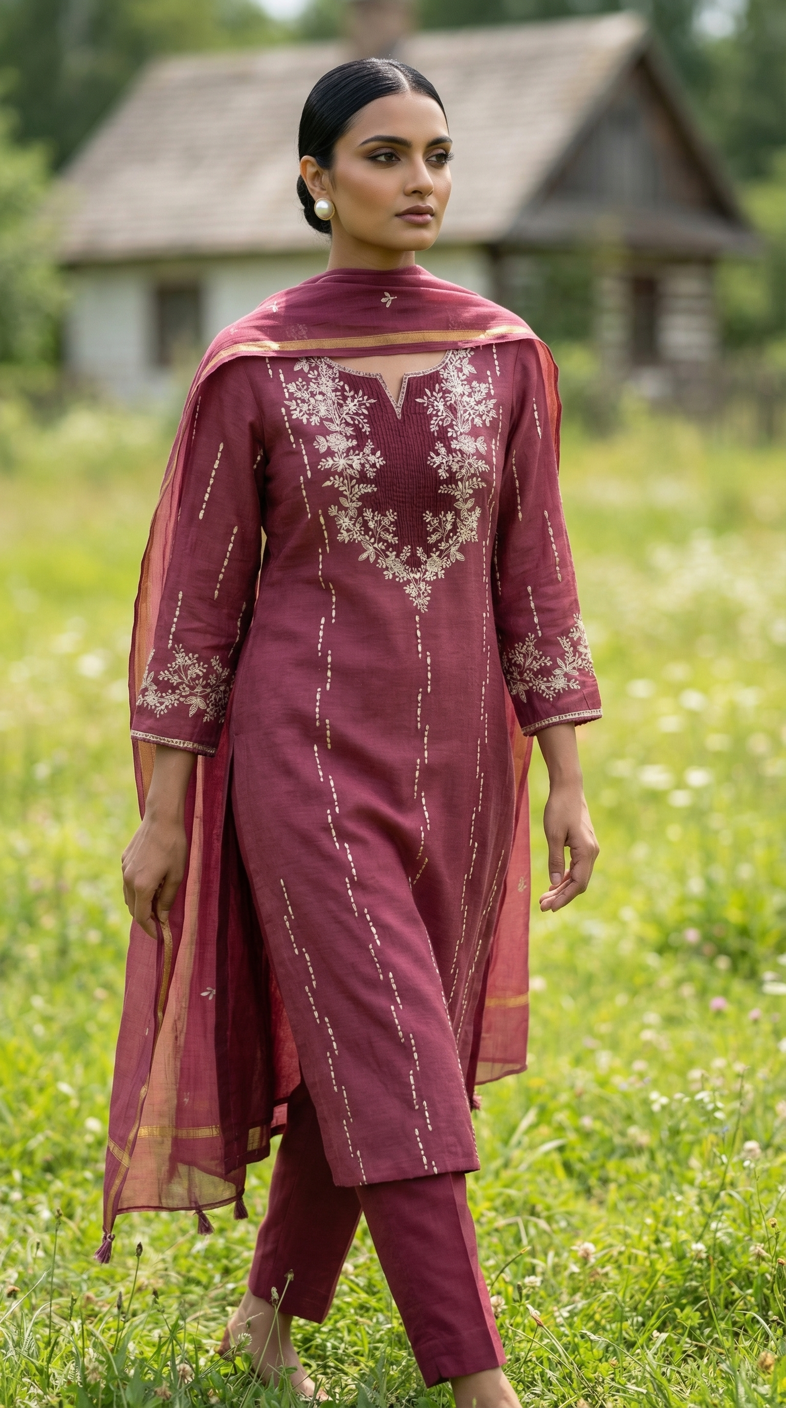 Chachaa Rasheed Mul Plum Resham Embroidery Mul Mul Suit Set 2 – SHARANYA KOLKATA
