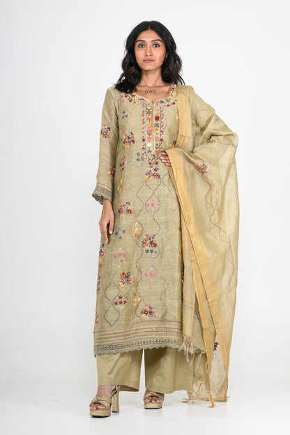Sage Green Thread Embroidered Pure Linen Kurta Set & Dupatta