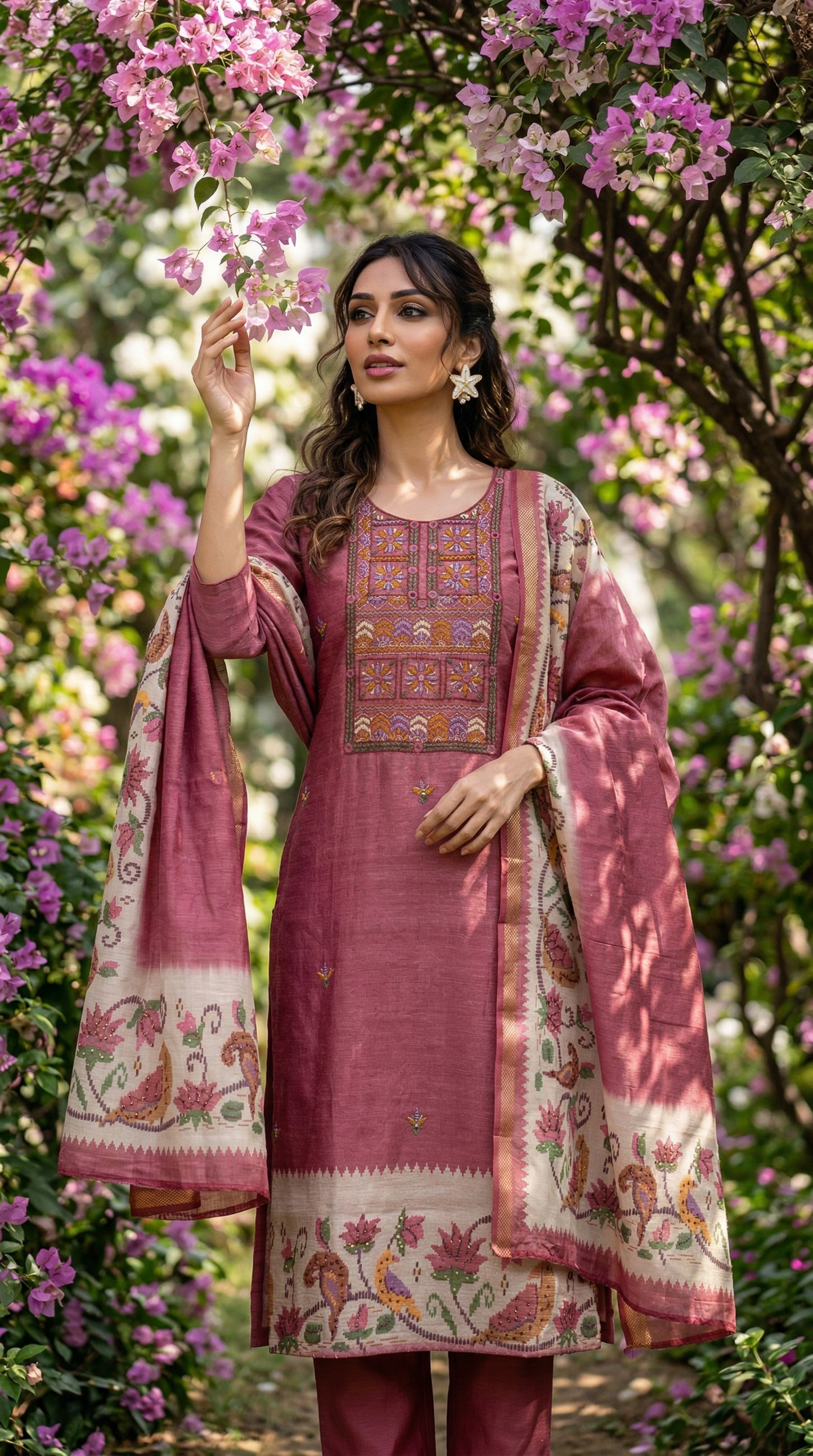 Resham Embroidery Rustic Red Chanderi Stitched Suit Set