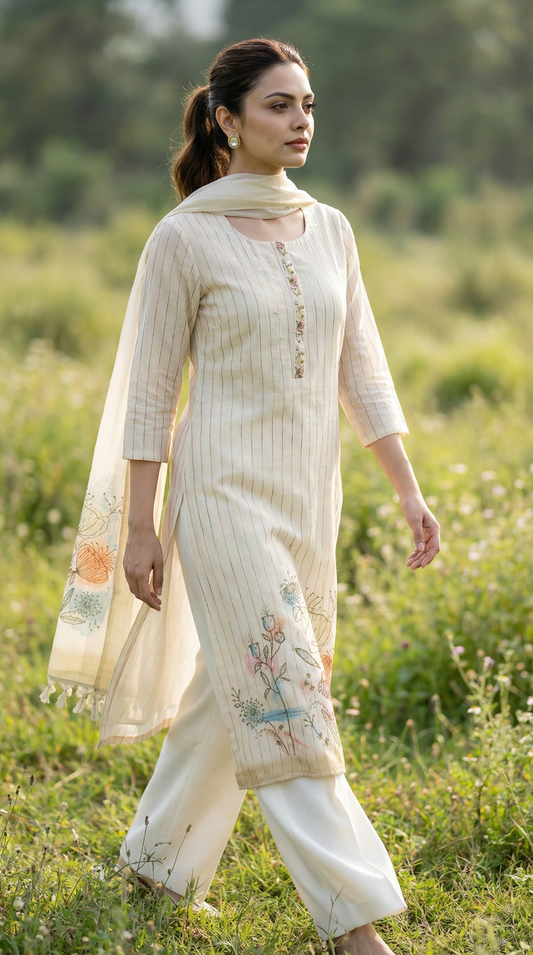 Resham Embroidery White Jute Cotton Stitched Suit Set