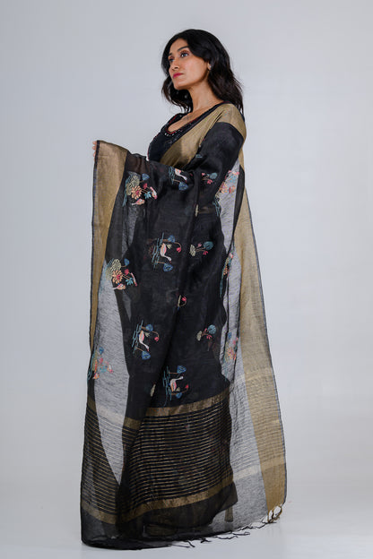 Black-Gold Dual Tone Floral Printed Pure Linen Saree
