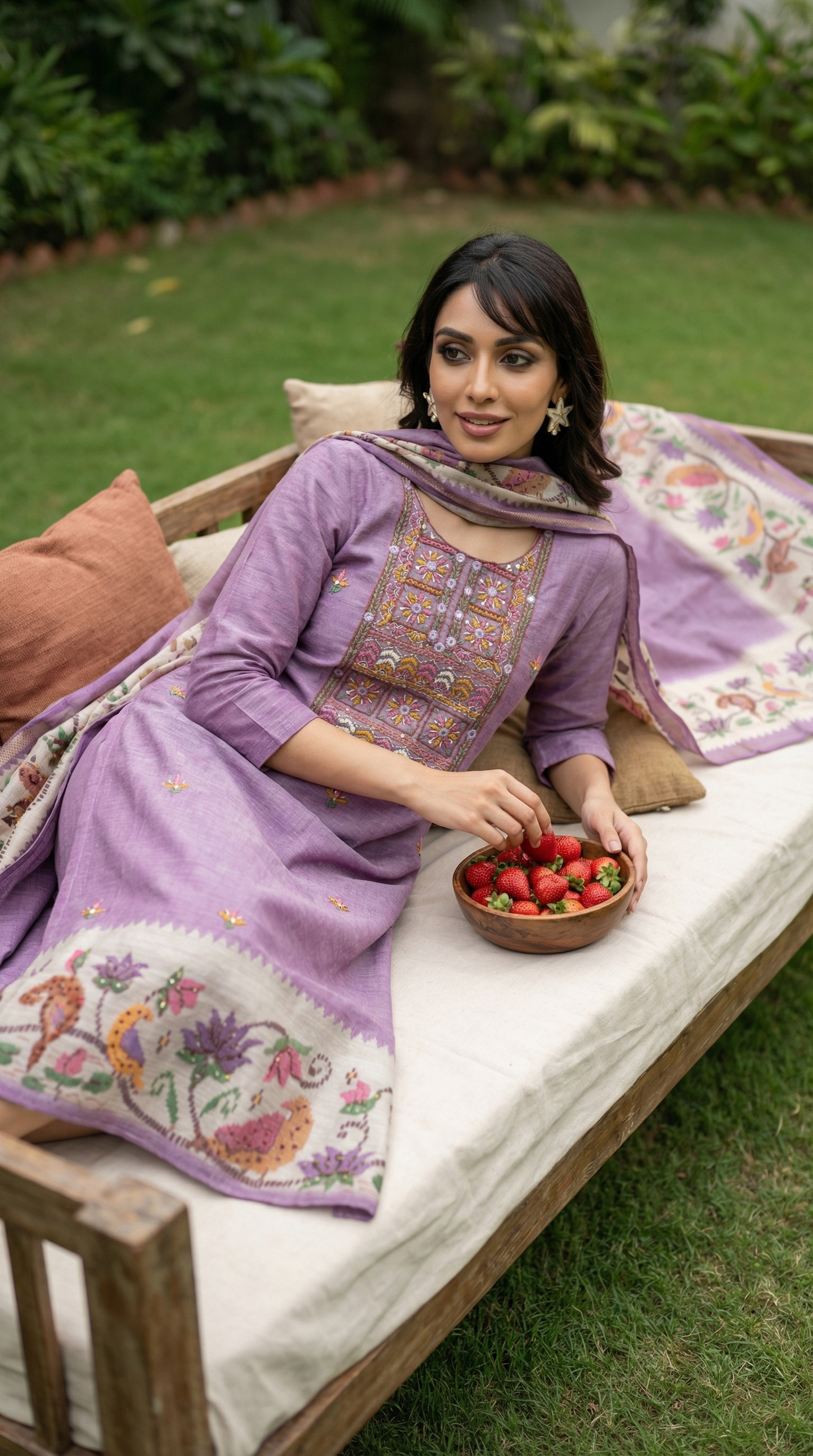 Resham Embroidery Lilac Chanderi Stitched Suit Set