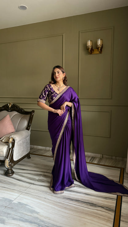 Deep Purple Satin Silk Saree With Blouse