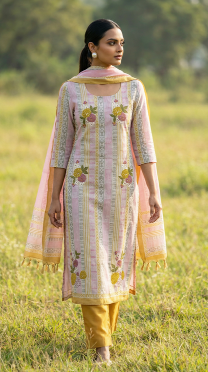 Resham Embroidery Dusty Yellow Jute Cotton Stitched Suit Set