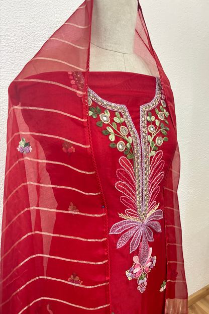 RED ORGANZA SUIT WITH THREAD WORK