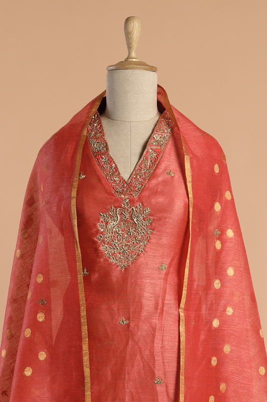 Tangerine Orange Tissue Linen Kurta Set wih Antique Gold Work