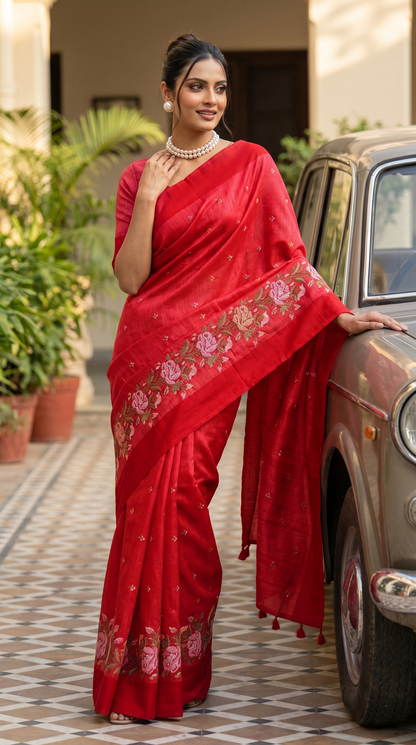 Red Tussar Silk Saree