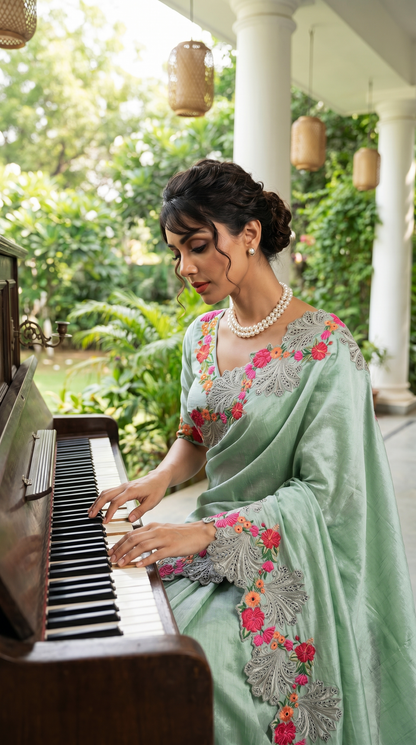 Raw Silk  light Seafoam Green Saree