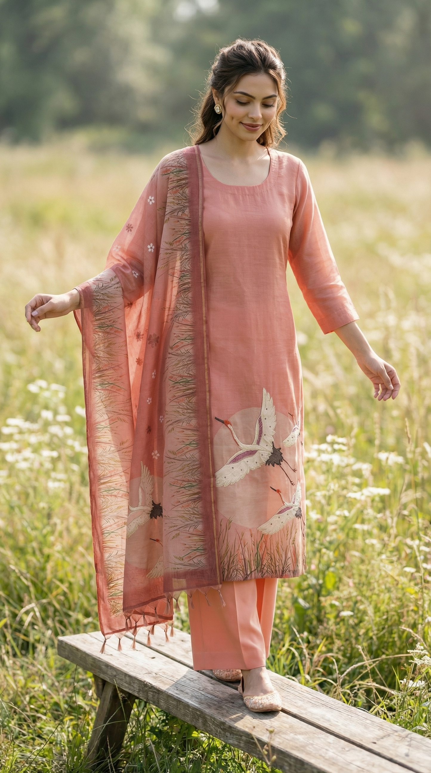 Peach Chanderi Stitched Suit Set