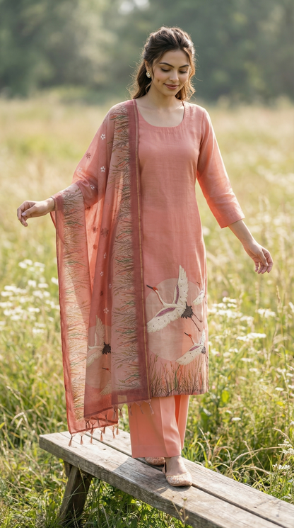 Peach Chanderi Stitched Suit Set