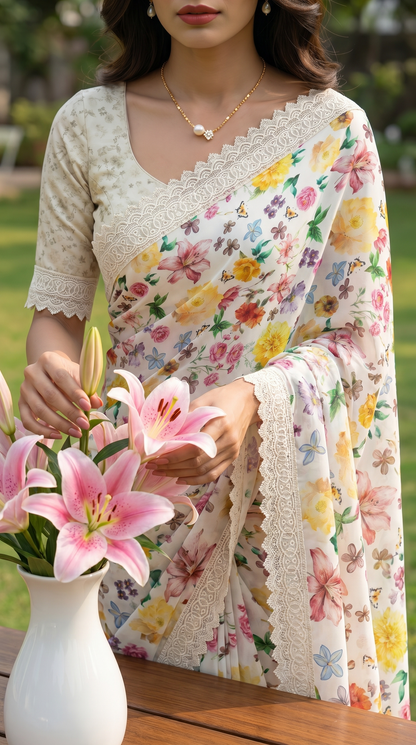 Ivory Georgette Saree