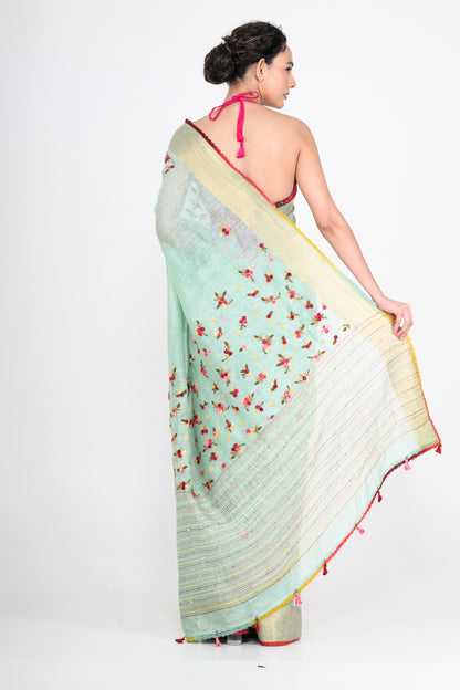 Light Green Pure Linen Saree with Thread Work