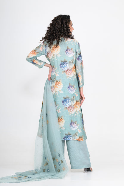 Powder Blue Printed Linen Kurta Set with Tikki & Cutdana Highlight