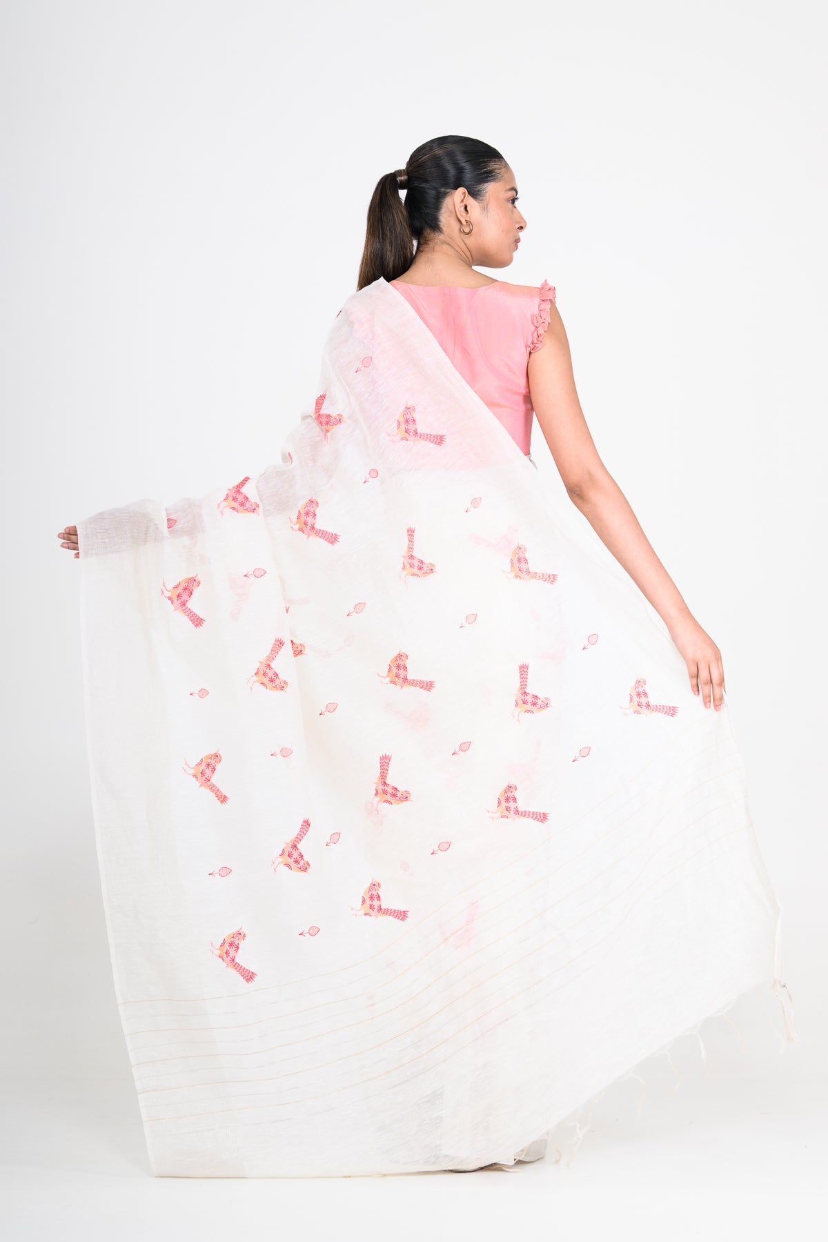 Parsi Embroidered White Pure Linen Saree