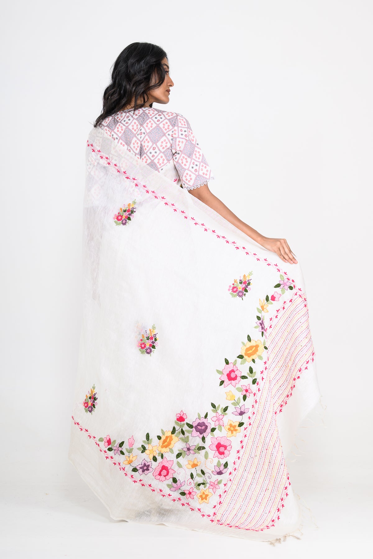 White Pure Linen Saree with Tikki & Thread Work