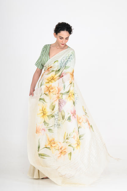 Floral Printed White Pure Linen Saree
