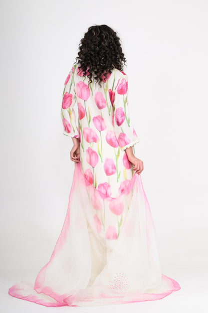 White & Pink Printed Organza Kurta Set with Hand Embroidery