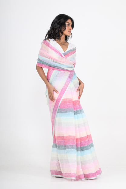 Multicolored Handwoven Striped Pure Linen Saree