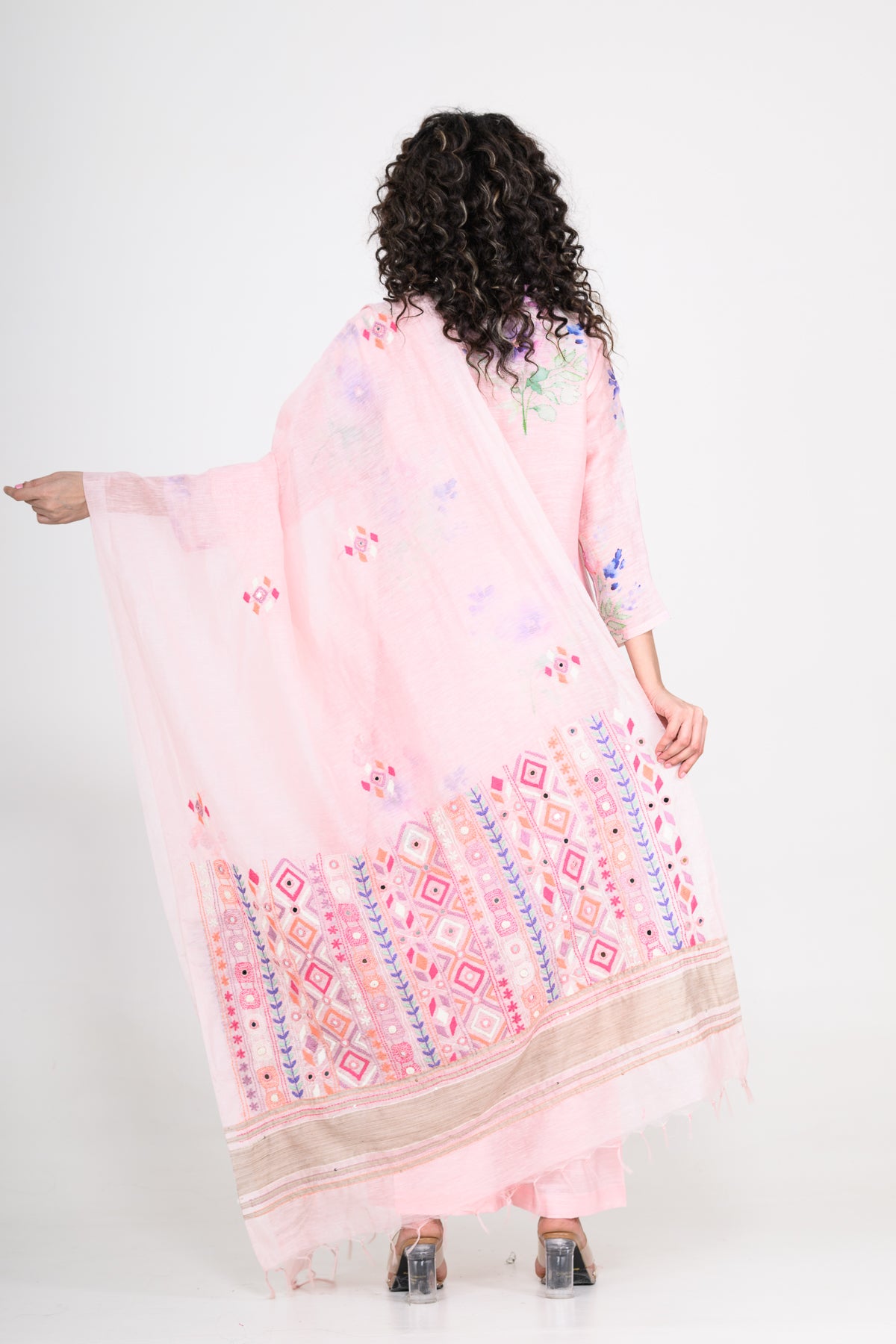 Light Pink Pure Linen Kurta Set with Katha & Mirror Highlight