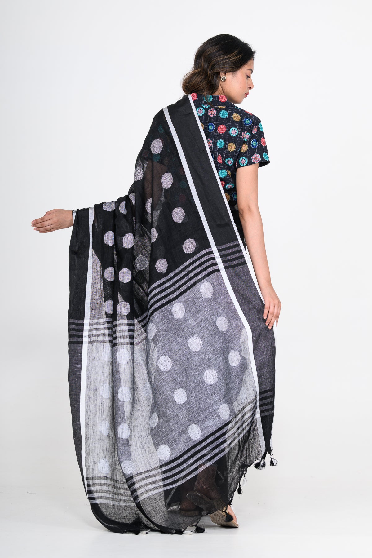 Black Pure Linen Polka Dot Handwoven Saree