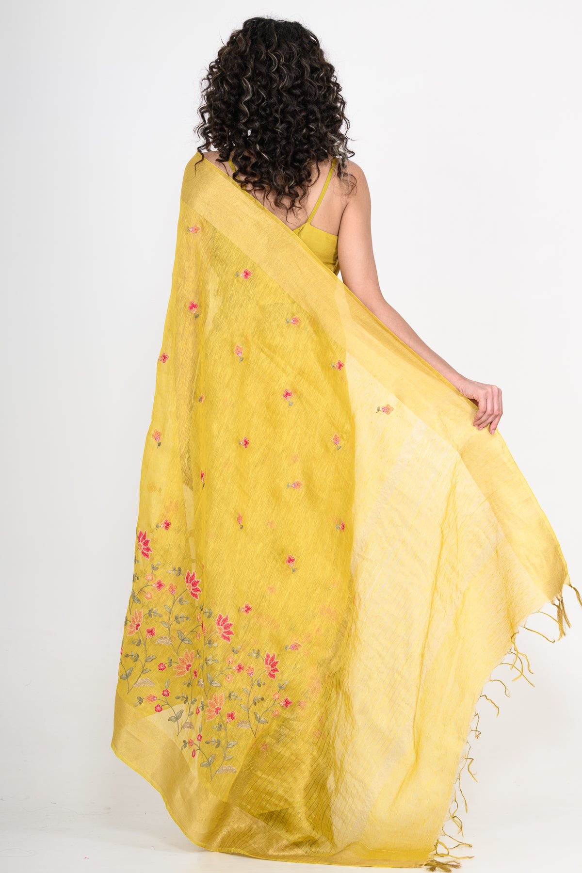 Sunshine Yellow Parsi Embroidered Pure Linen Saree