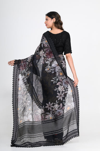 Floral Printed Pure Linen Black Saree with Lace Work
