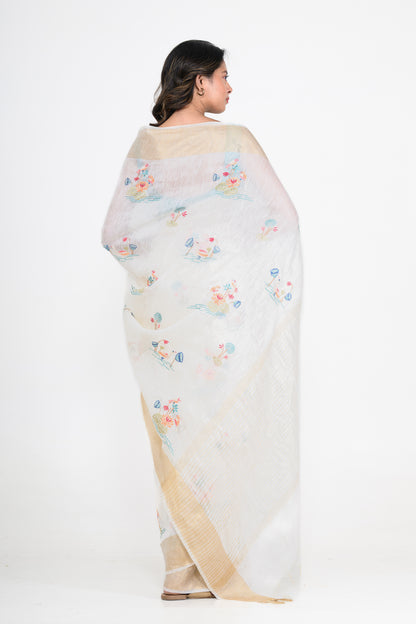 White-Gold Dual Tone Floral Printed Pure Linen Saree