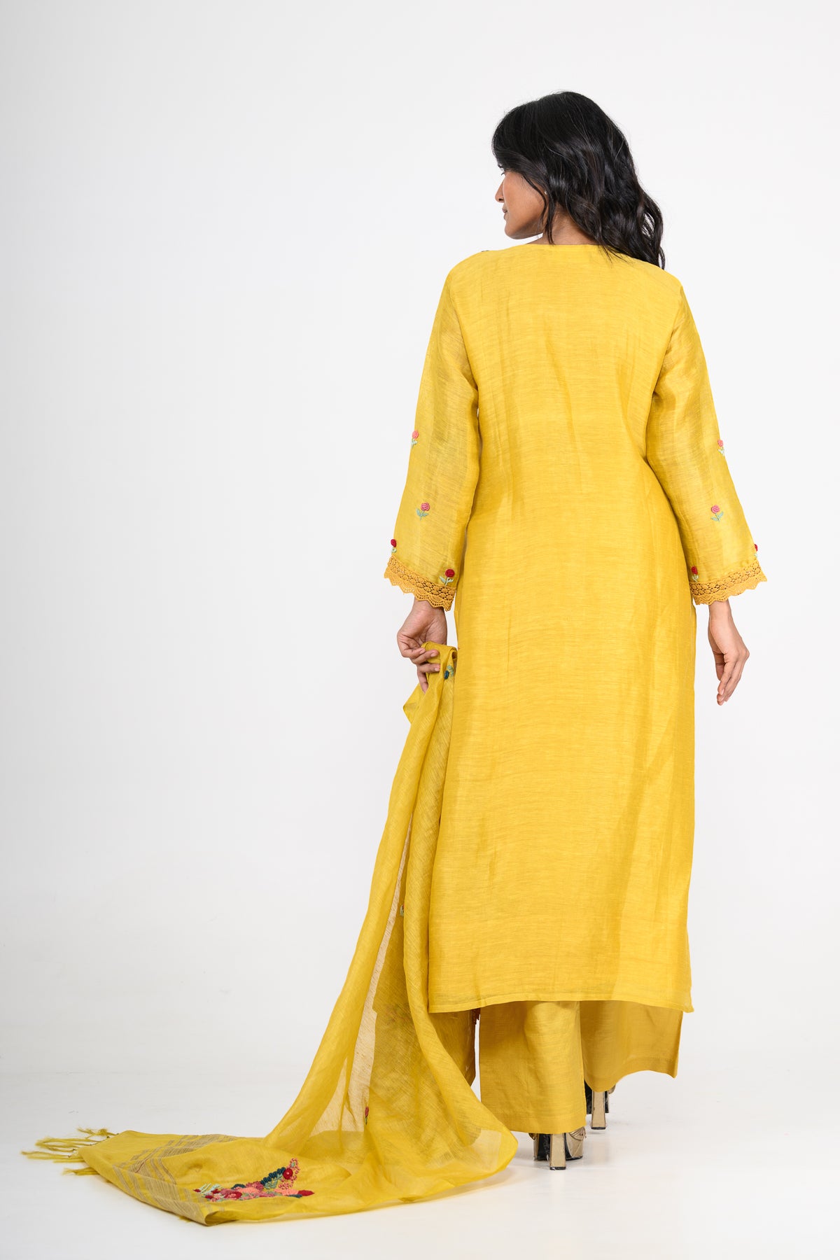 Pure Linen Mustard Yellow Kurta Set & Dupatta with Thread Work