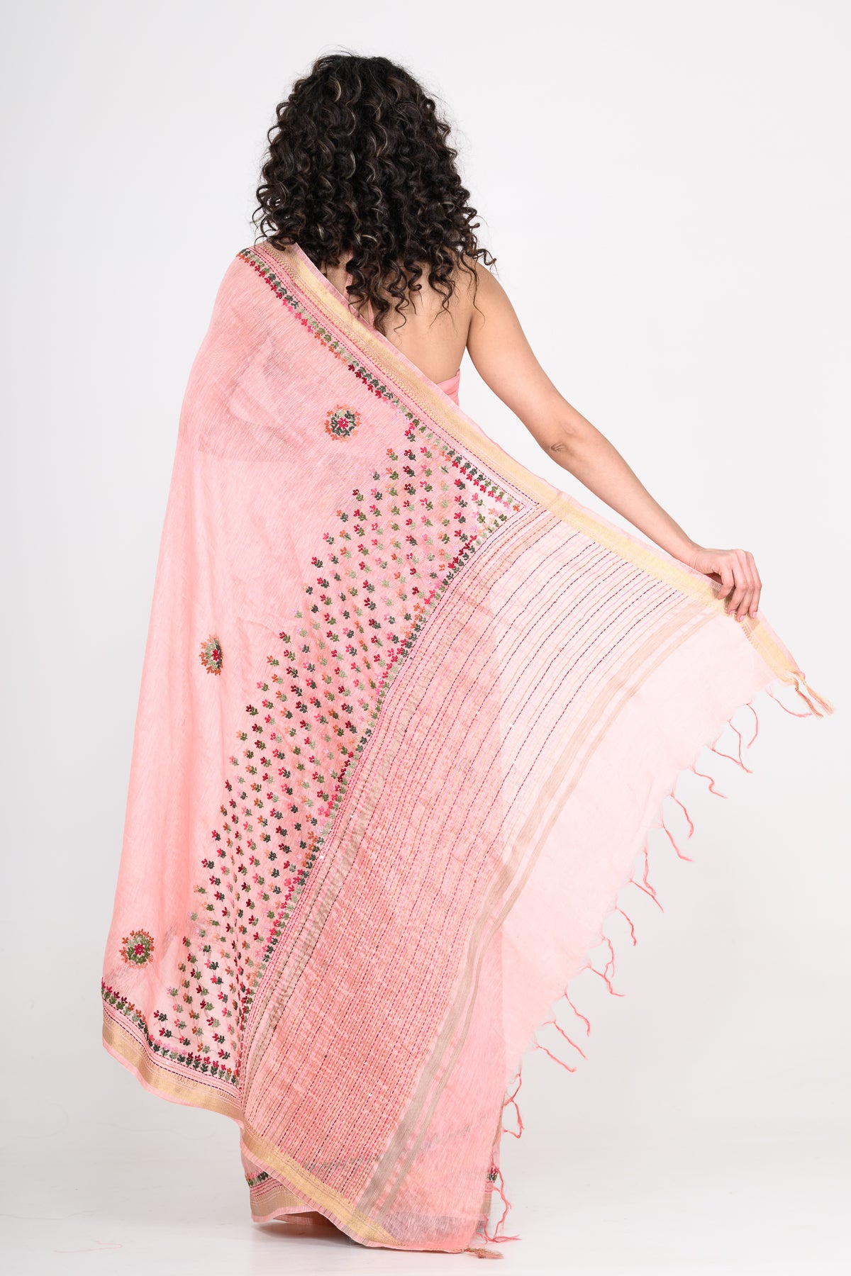 Dusty Pink Pure Linen Saree with Katha & Tikki Work