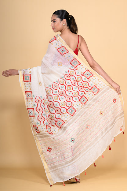 Pure Linen White Saree Highlighted with Tikki & Thread Work