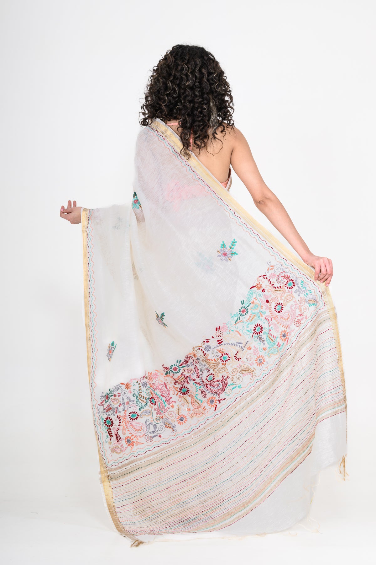 White Embroidered Pure Linen Saree with Tikki & Thread Work