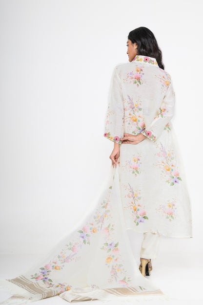 Pure Linen Printed Kurta Set with Resham & Tikki Highlights