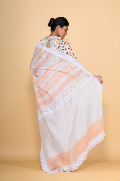 Peach Handwoven Jute Linen Saree