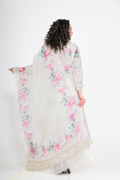 Pure Linen Off White Kurta Set with Dupatta