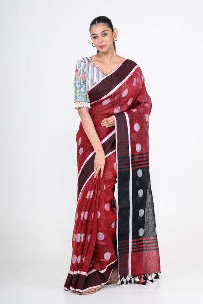 Red Pure Linen Polka Dot Handwoven Saree