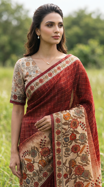 Red  Kalamkari Saree