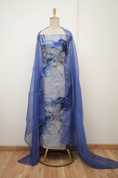 ROYAL  BLUE ORGANZA KURTA WITH SEQUIENCE & CUTDANA WORK