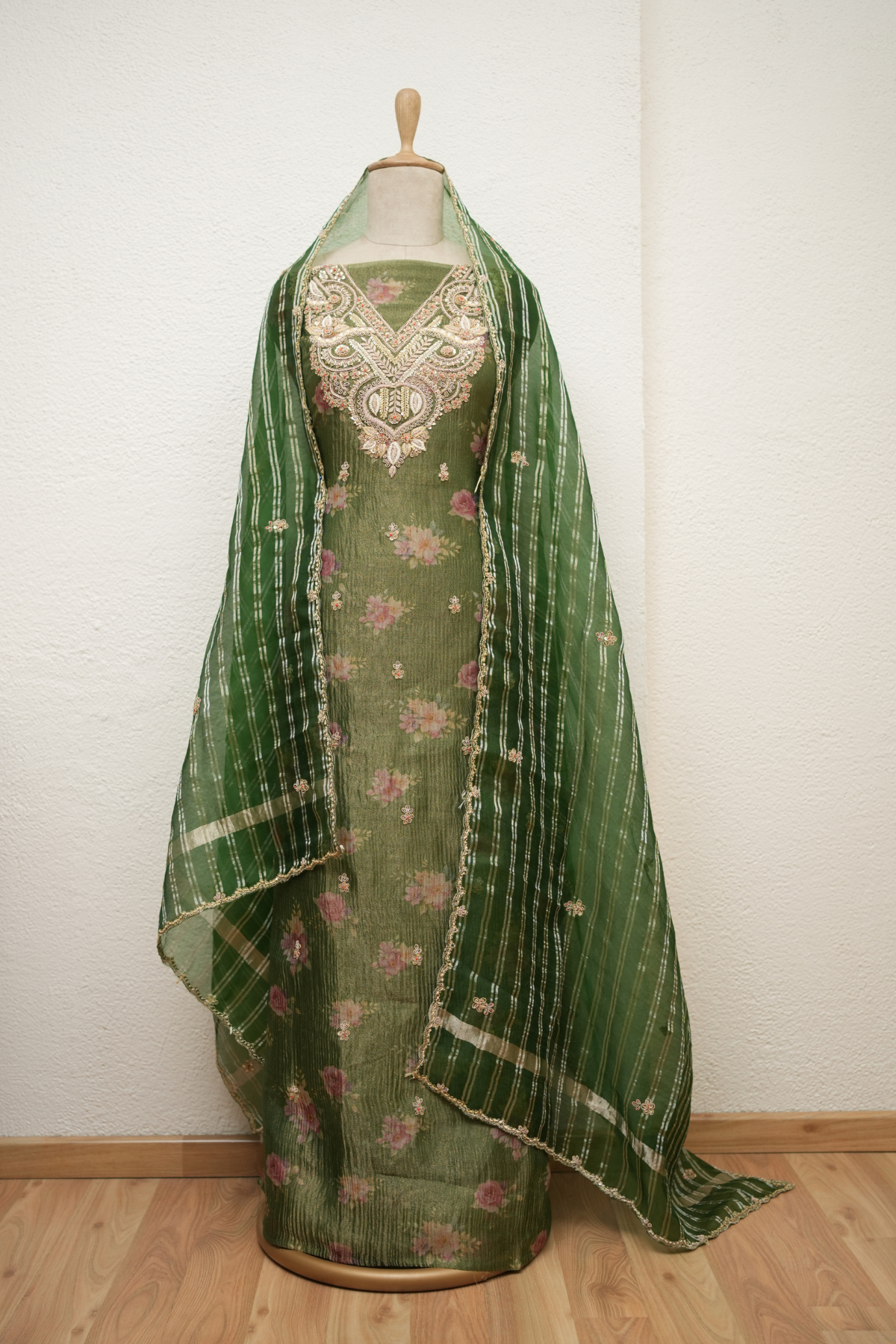 GREEN CRUSH TISSUE KURTA WITH CORD & SEQUIENCE
